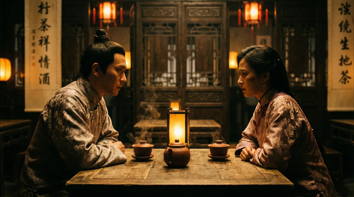 麻豆视频古装剧情片拍摄剧照-茶馆对话场景