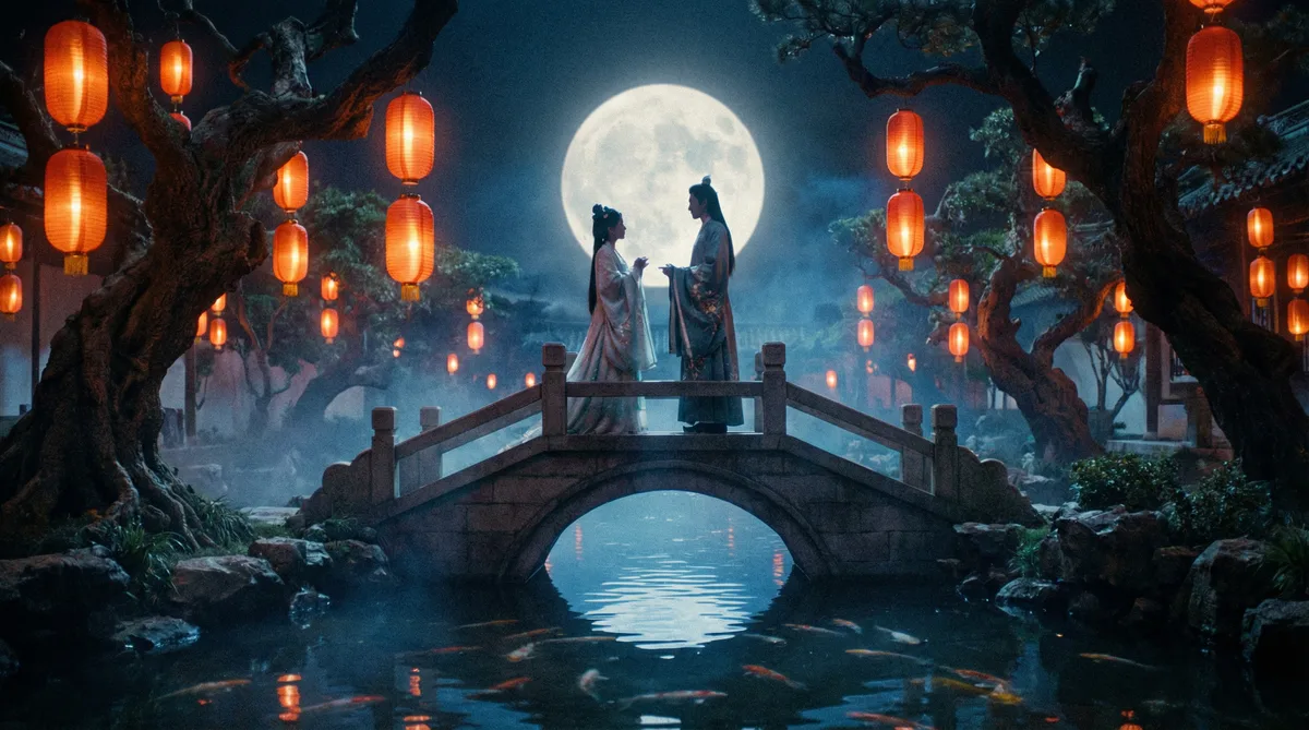 麻豆视频古典爱情片拍摄剧照-月下花园场景